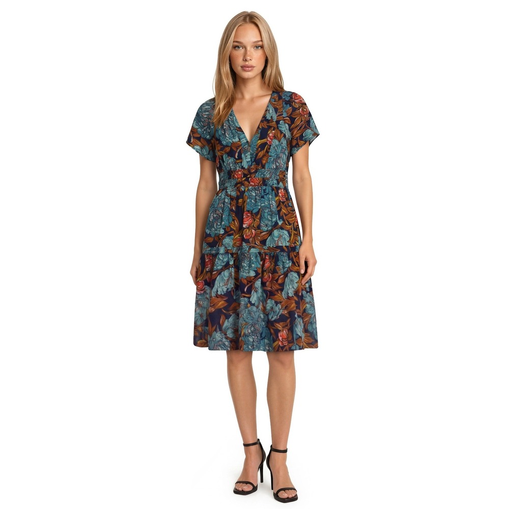 Anthropologie Dress Women's Size Small Blue Floral Smocked 100% Cotton Pockets